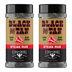 Fire & Smoke Society Black & Tan steak seasoning bottle boosts bold flavor for grilled beef.