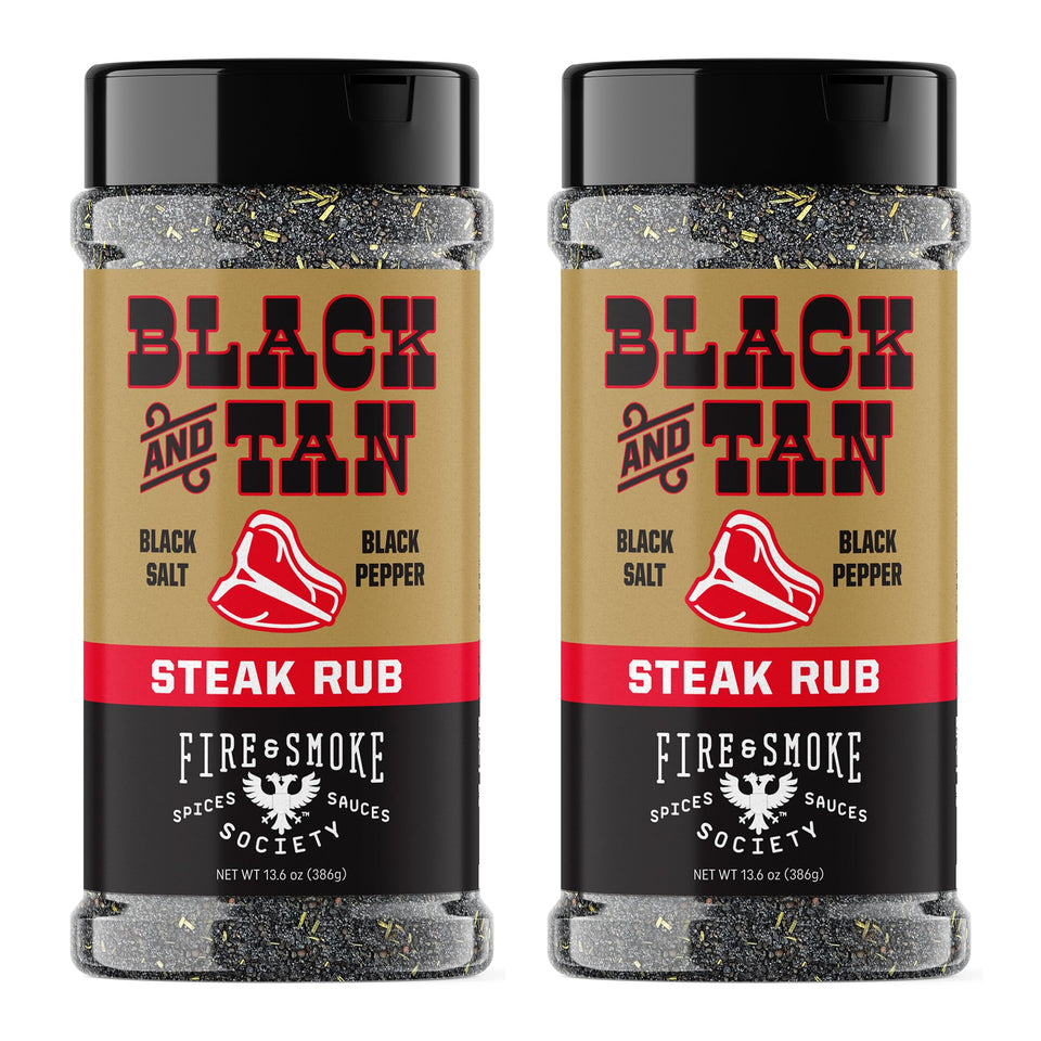 Fire & Smoke Society Black & Tan steak seasoning bottle boosts bold flavor for grilled beef.