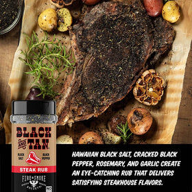 Fire & Smoke Society Black & Tan ingredients close-up showing salt, pepper, rosemary, garlic.