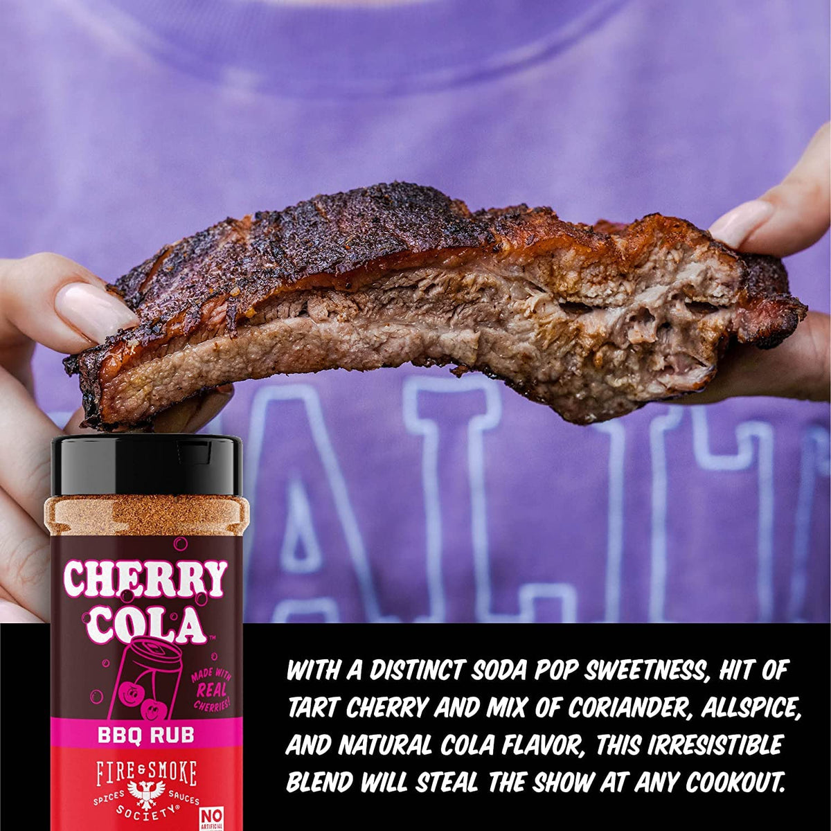 Fire & Smoke Society Cherry Cola Dry Rub pouring from jar, ready to season meat.