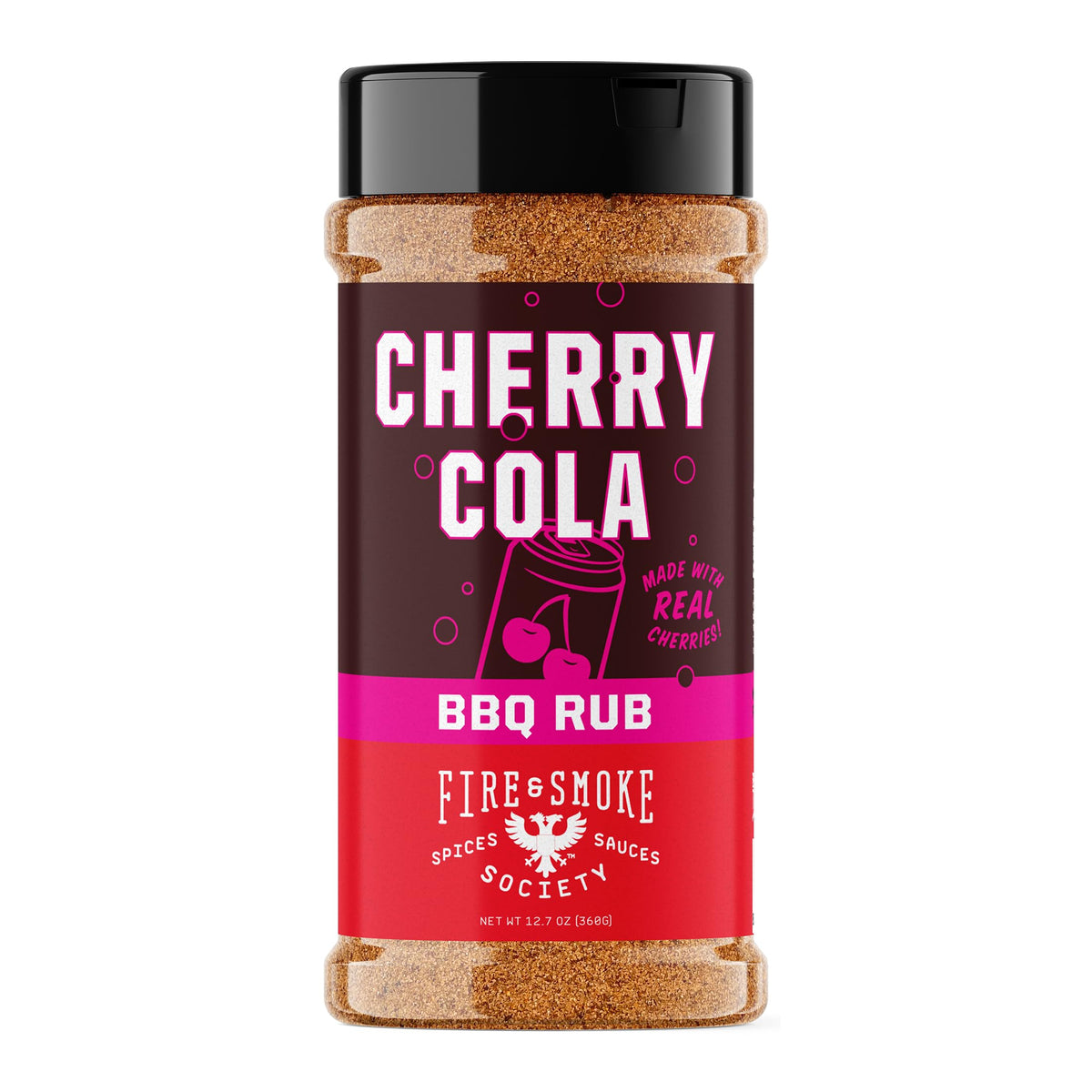 Fire & Smoke Society Cherry Cola Dry Rub label on jar, ideal for boosting grilled flavor.