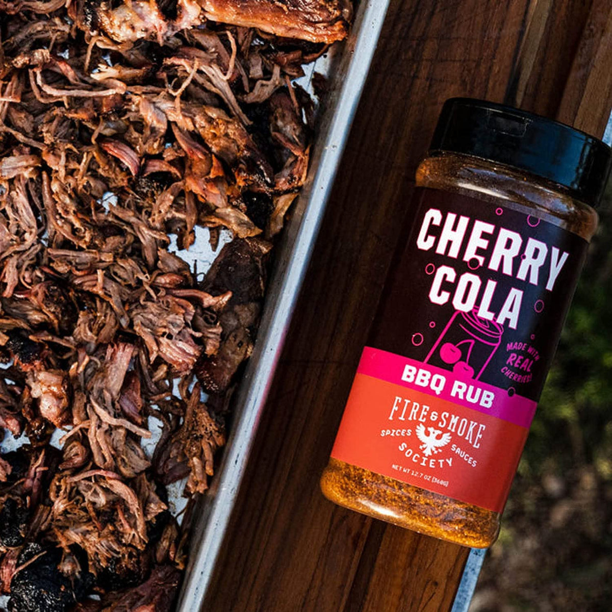 Fire & Smoke Society Cherry Cola Dry Rub on ribs, caramelized crust and aroma.