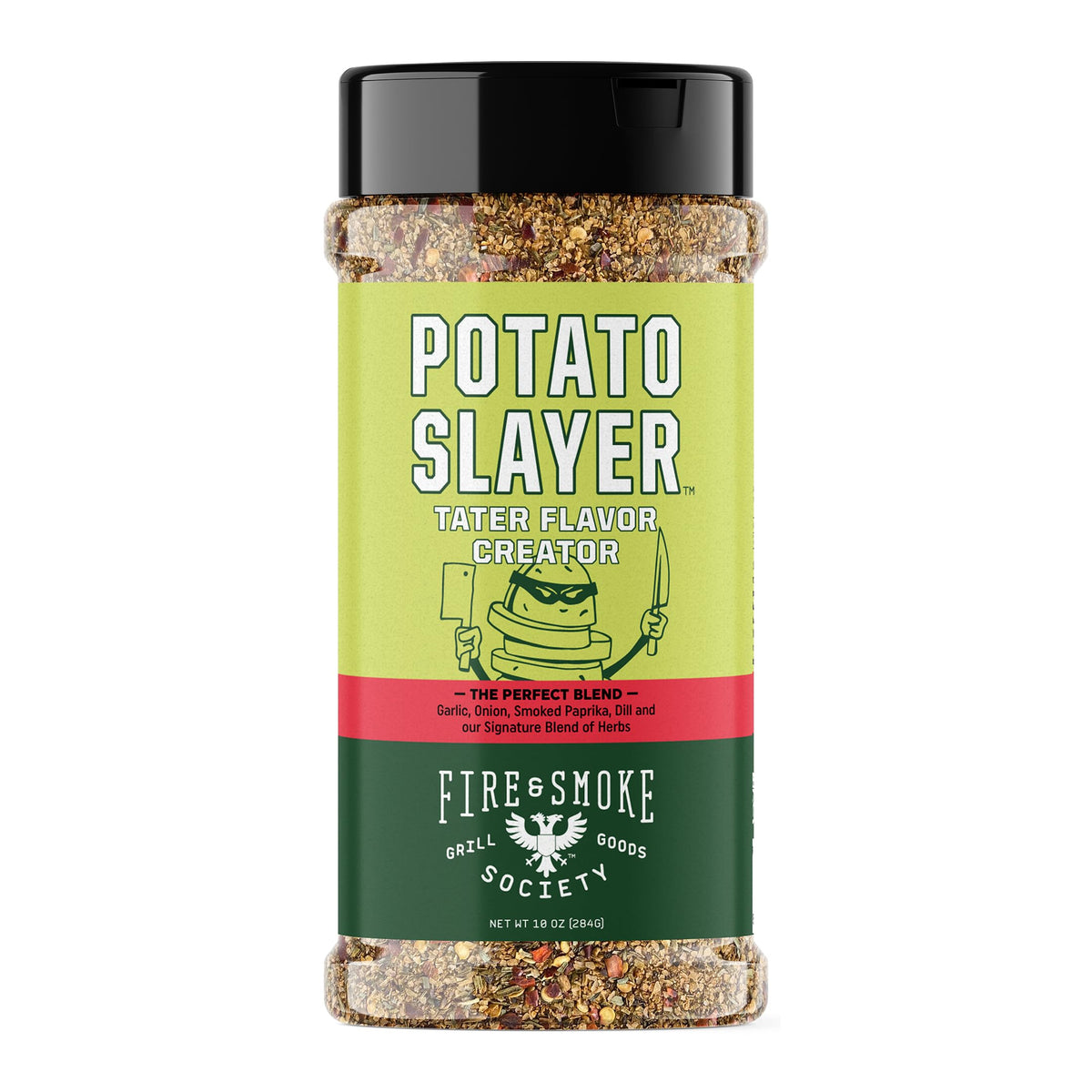 Fire & Smoke Society Potato Slayer bottle pour for tangy potato seasoning.