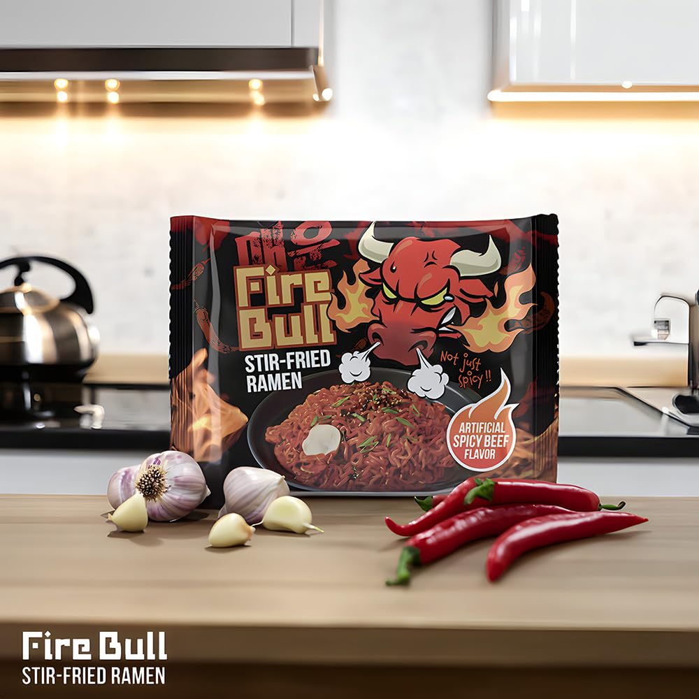 Fire Bull Ramen in a stir-fry pan, ready to be tossed with veggies.
