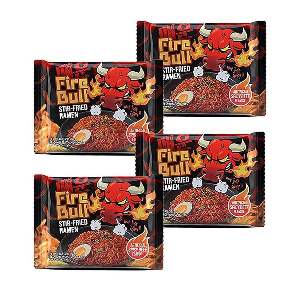 Fire Bull Ramen thick, chewy noodles soaking up sauce for a bold stir-fry bite.