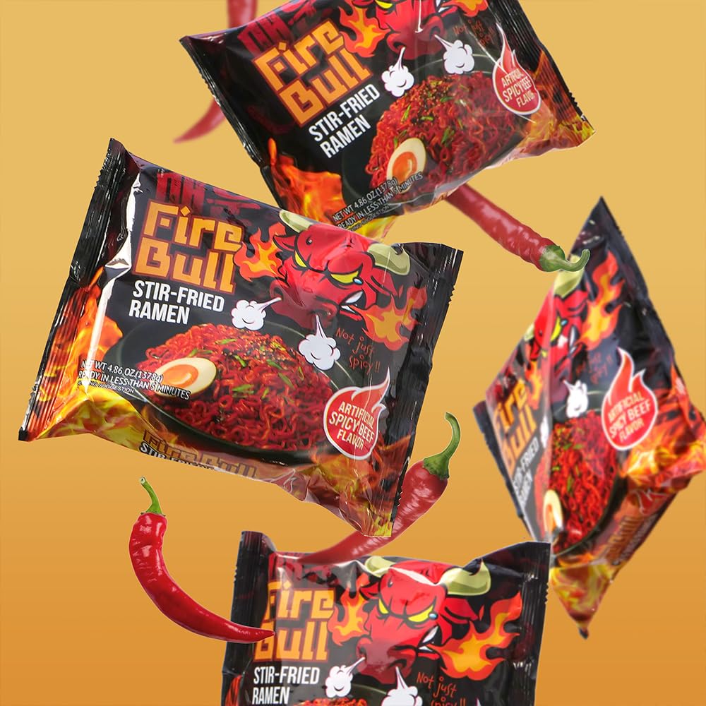 Fire Bull Ramen with vegetables added for color and texture.