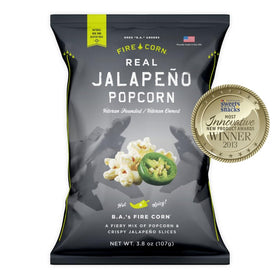 Fire Corn jalapeño popcorn close-up highlights crisp peppers and spice