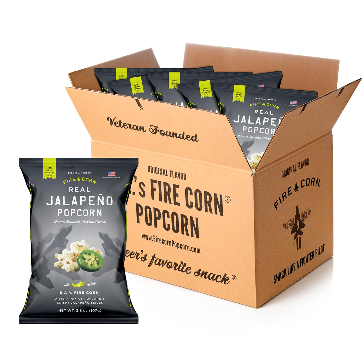 Fire Corn six-pack bags showcase jalapeño popcorn ideal for gatherings
