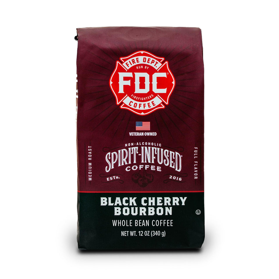 Fire Department Coffee black cherry bourbon infused, bag showcases premium blend for bold mornings