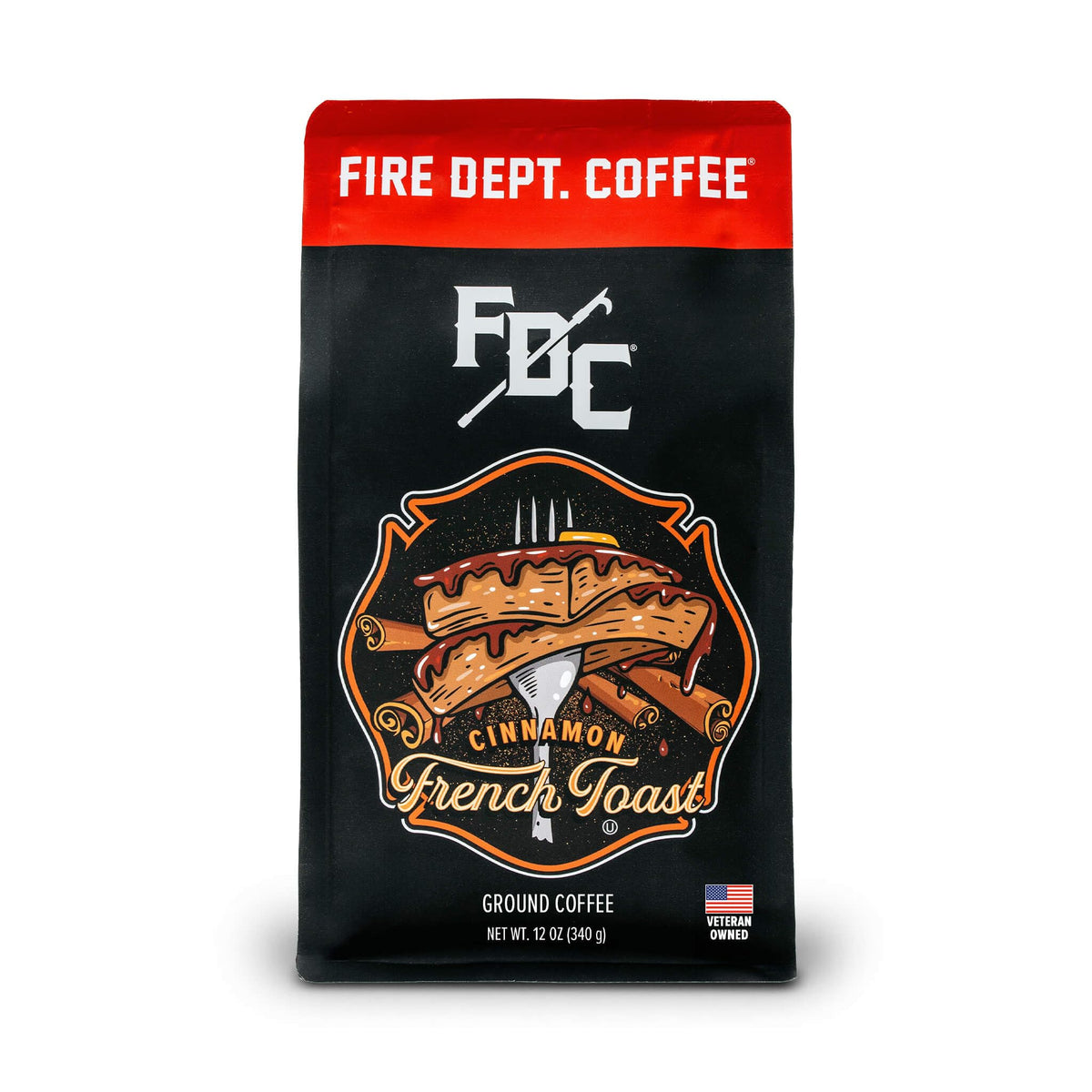 Fire Department Coffee Cinnamon French Toast ground coffee in 12oz packaging for a cozy morning.