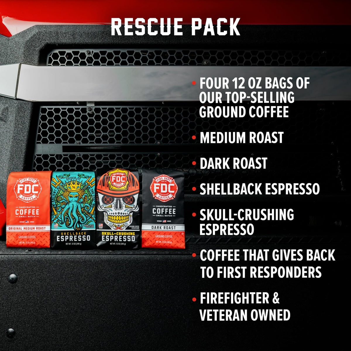 Fire Department Coffee Dark Roast grounds, bold afternoon cup.