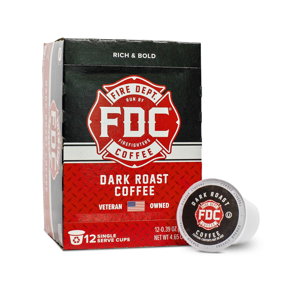 Fire Department Coffee dark roast pods pack for bold mornings.