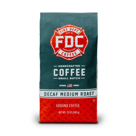 Fire Department Coffee decaf ground coffee bag highlighting bold flavor and clean finish