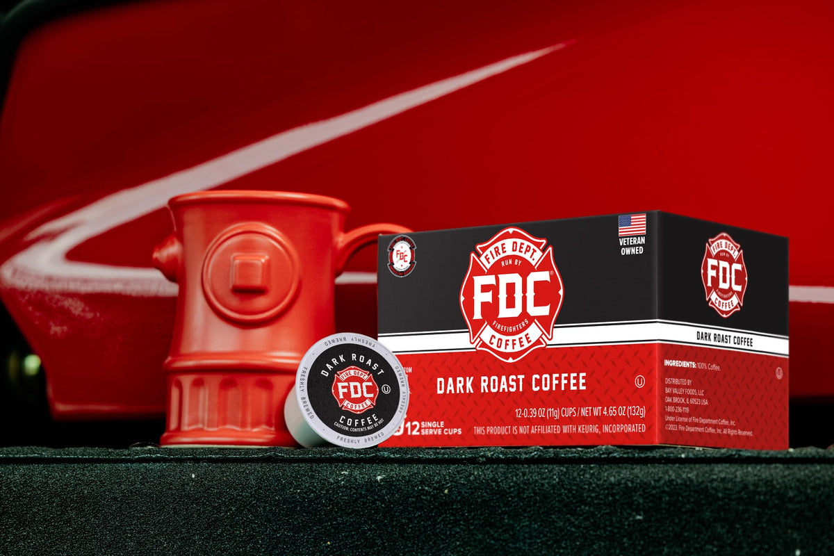 Fire Department Coffee firefighter logo branding for patriotic gifts.