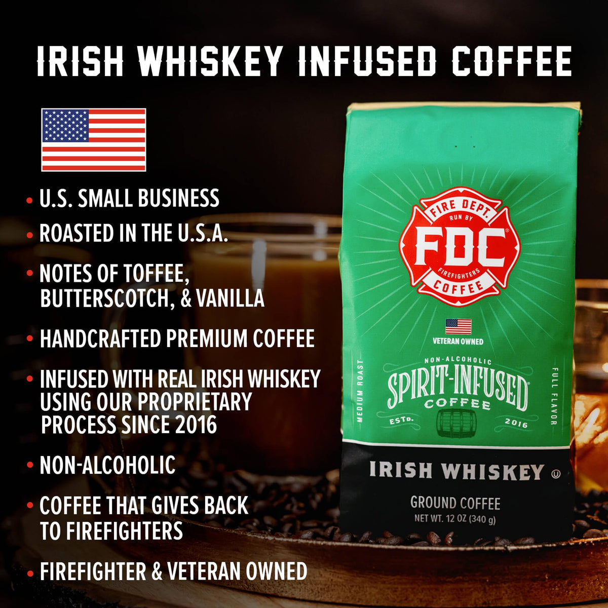 Fire Department Coffee Irish Whiskey Infused beans closeup showing aroma.