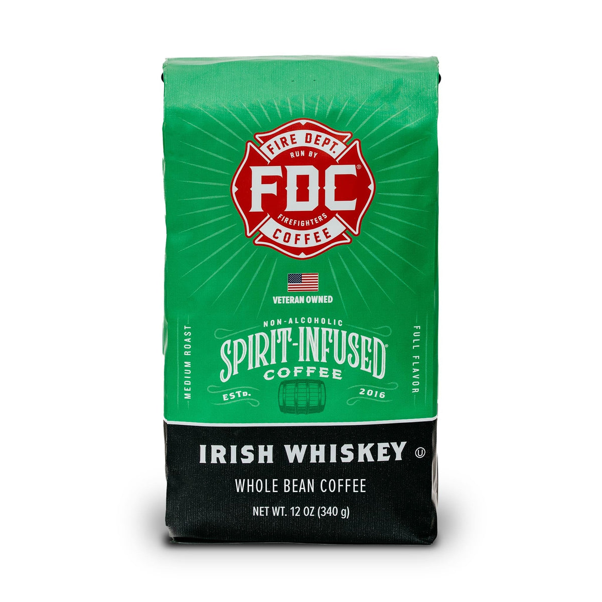 Fire Department Coffee Irish Whiskey Infused Whole Beans with rich toffee notes.