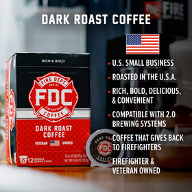 Fire Department Coffee label design highlights premium, USA-roasted flavor.