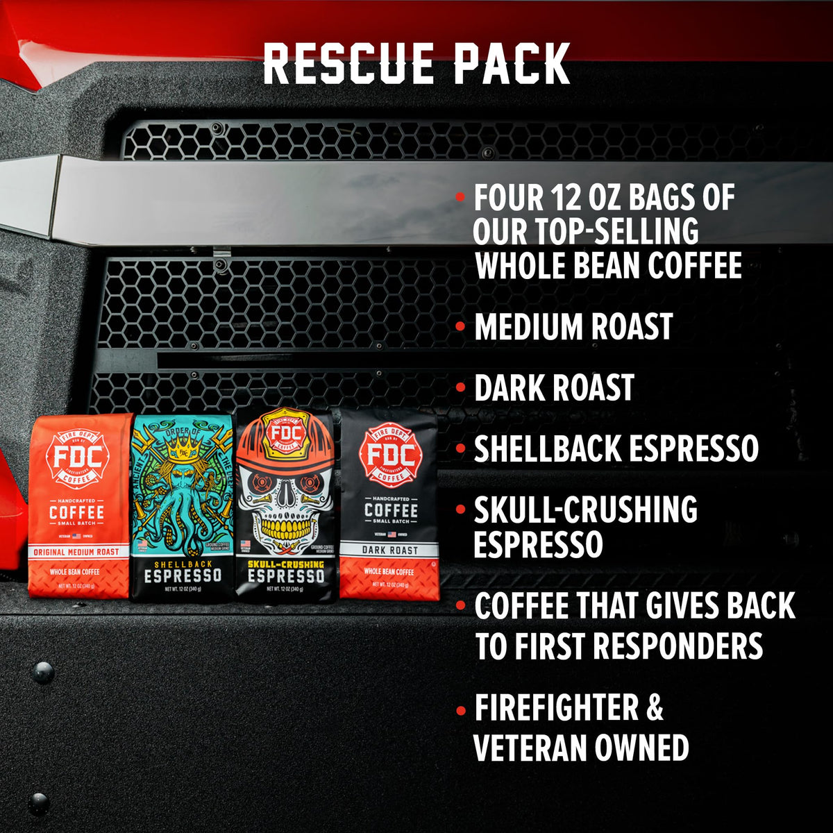 Fire Department Coffee Rescue Pack Dark Roast beans for a bold, satisfying cup.