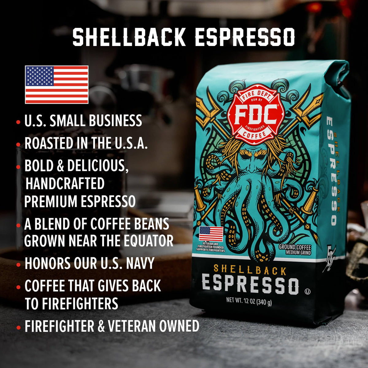 Shellback Espresso bag label highlights veteran-owned status and NaVOBA certification.