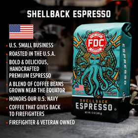 Shellback Espresso bag label highlights veteran-owned status and NaVOBA certification.