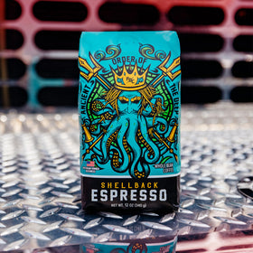 Shellback Espresso on the kitchen counter, premium daily coffee.