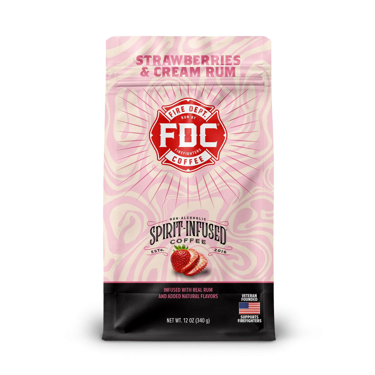 Fire Department Coffee Strawberries & Cream rum-infused ground coffee provides dessert-like flavor in every cup.