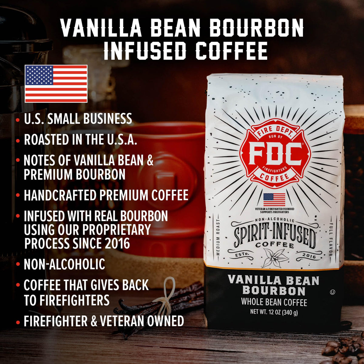 Close-up of Fire Department Coffee vanilla bourbon ground bags and rich texture.
