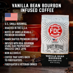 Close-up of Fire Department Coffee vanilla bourbon ground bags and rich texture.