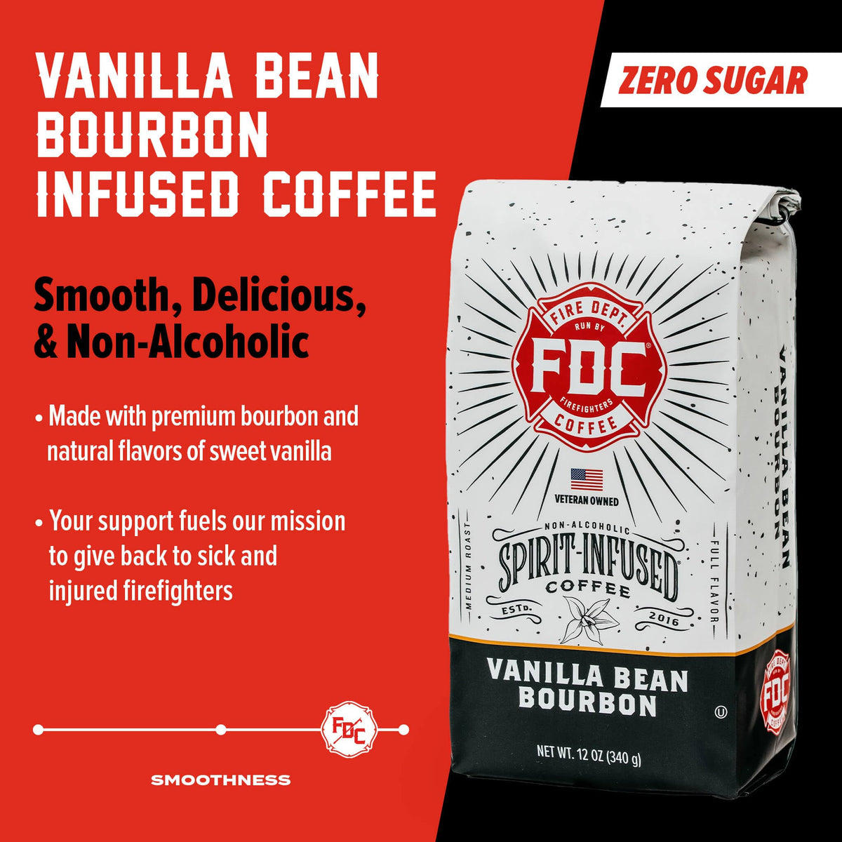 Fire Department Coffee vanilla bourbon ground coffee beans showing color and roast.