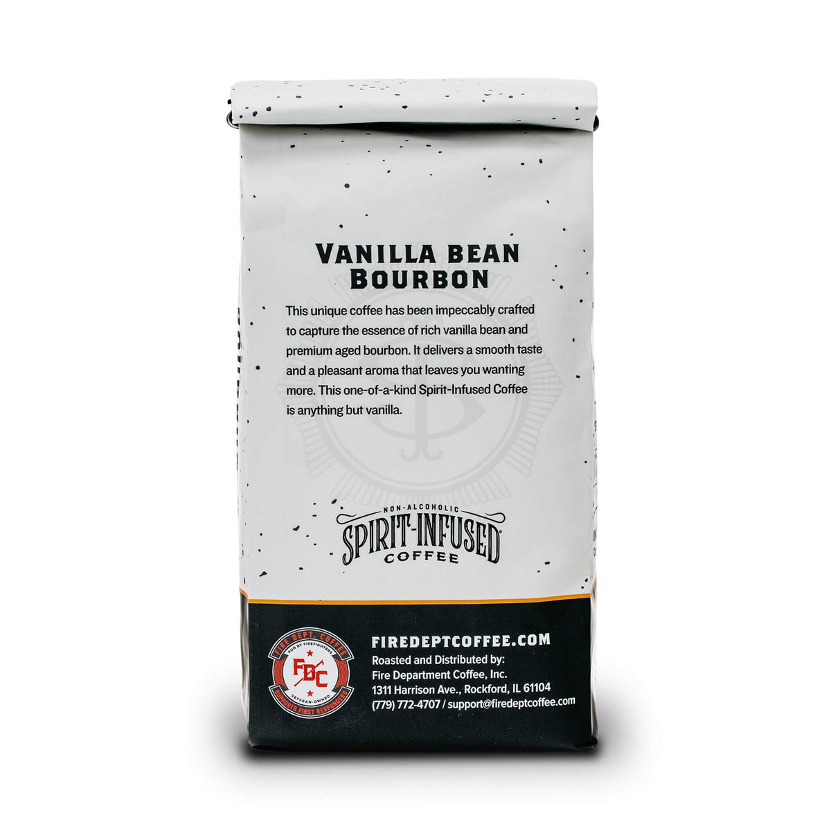Bag label of Fire Department Coffee Vanilla Bourbon highlighting brand mission.