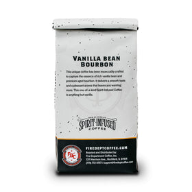 Bag label of Fire Department Coffee Vanilla Bourbon highlighting brand mission.