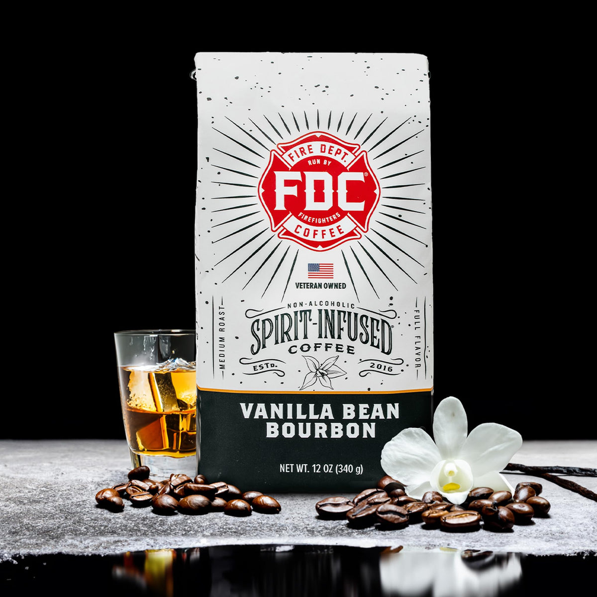 Roasted beans of Fire Department Coffee Vanilla Bourbon with deep caramel tones.