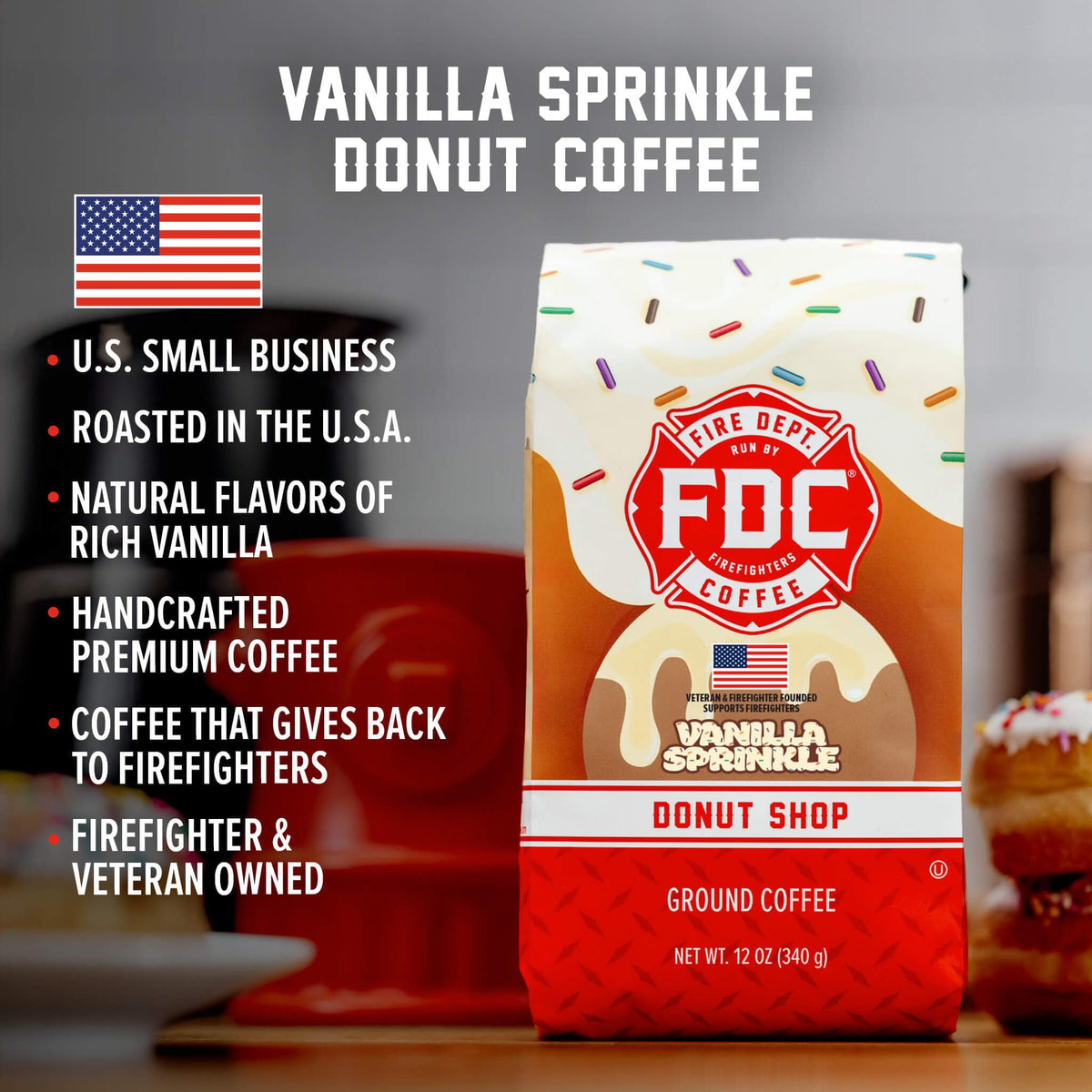 Vanilla Sprinkle Donut Ground Coffee bag showing flavor notes and inviting aroma