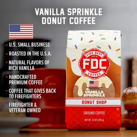 Vanilla Sprinkle Donut Ground Coffee bag showing flavor notes and inviting aroma