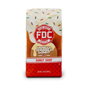 Fire Department Coffee Vanilla Sprinkle Donut Ground Coffee 12oz bag, ideal for a smooth morning brew