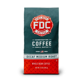 Fire Department Coffee whole bean decaf bag ready to grind for clean flavor.