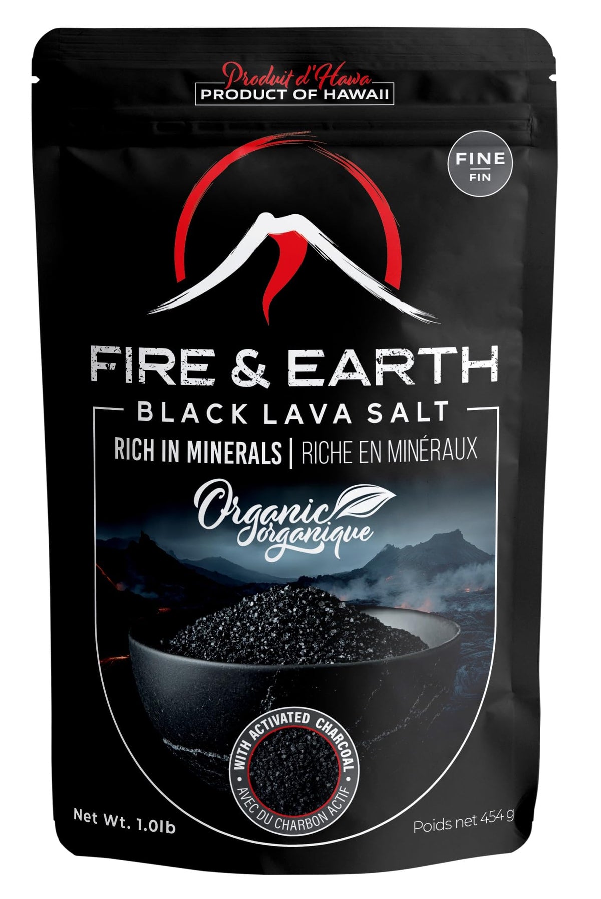 Fire and Earth black lava salt in a 1 lb pack adds dramatic color and crisp finishing touch