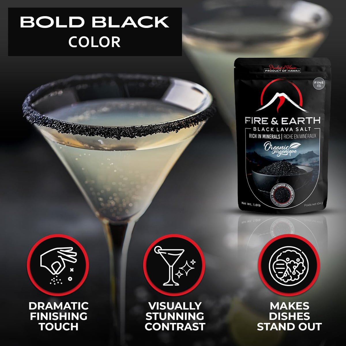Fire and Earth gourmet sea salt delivers pristine flavor with a bold charcoal hue