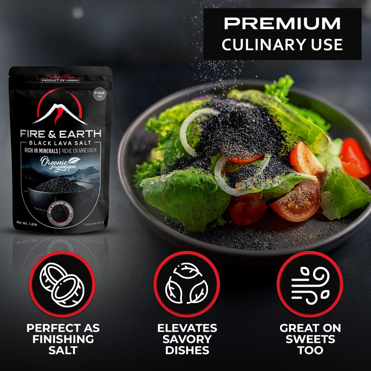 Fire and Earth vegan gluten free non GMO salt suits clean cooking and healthy plating
