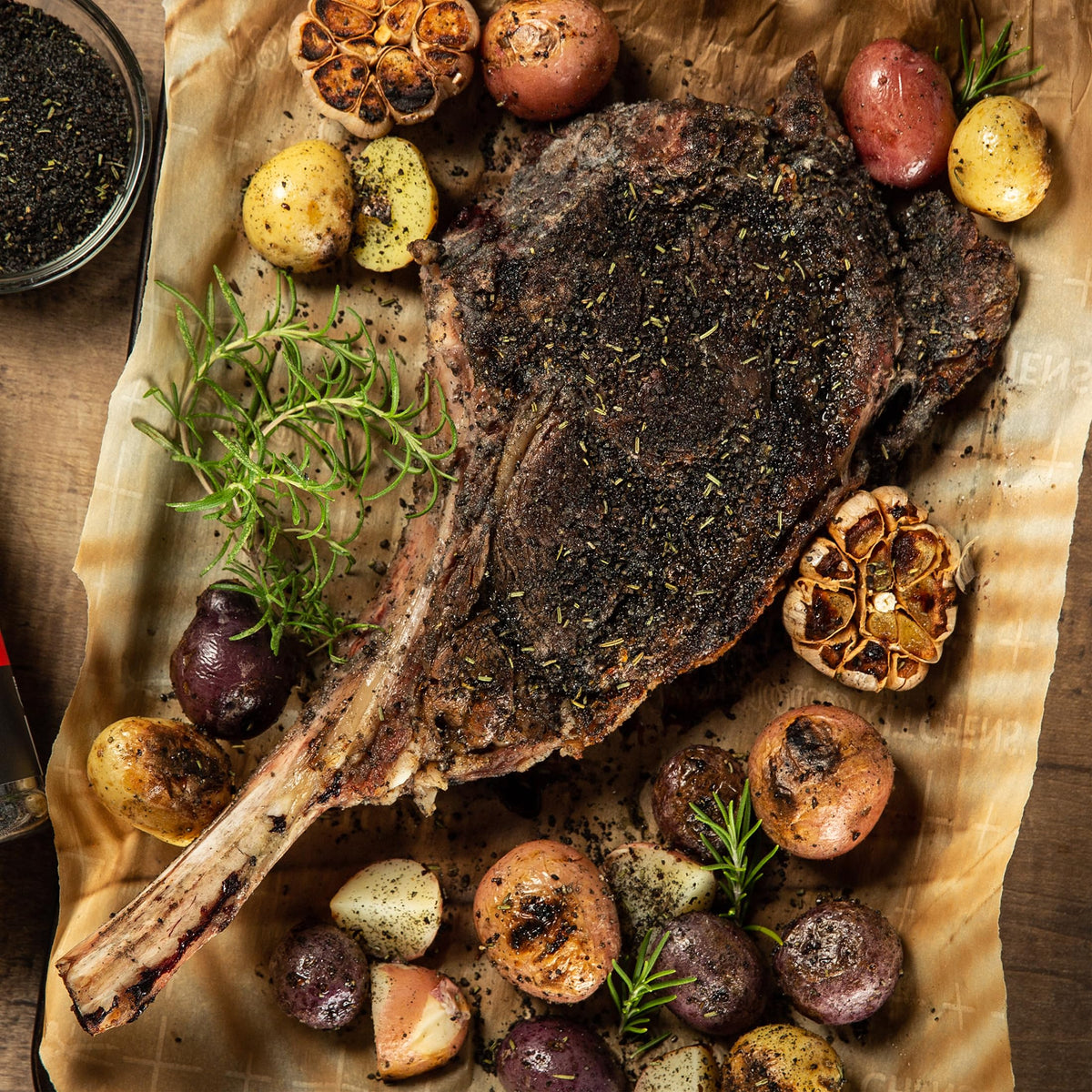 Close-up of Black & Tan crust forming on ribeye with Fire & Smoke Society rub.