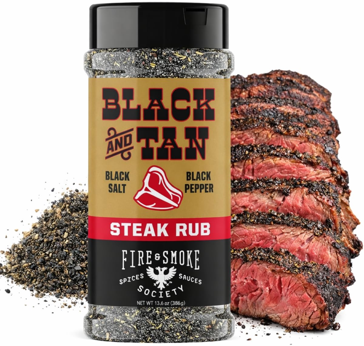 Fire & Smoke Society Black & Tan Steak Seasoning bottle for bold crust on steaks.