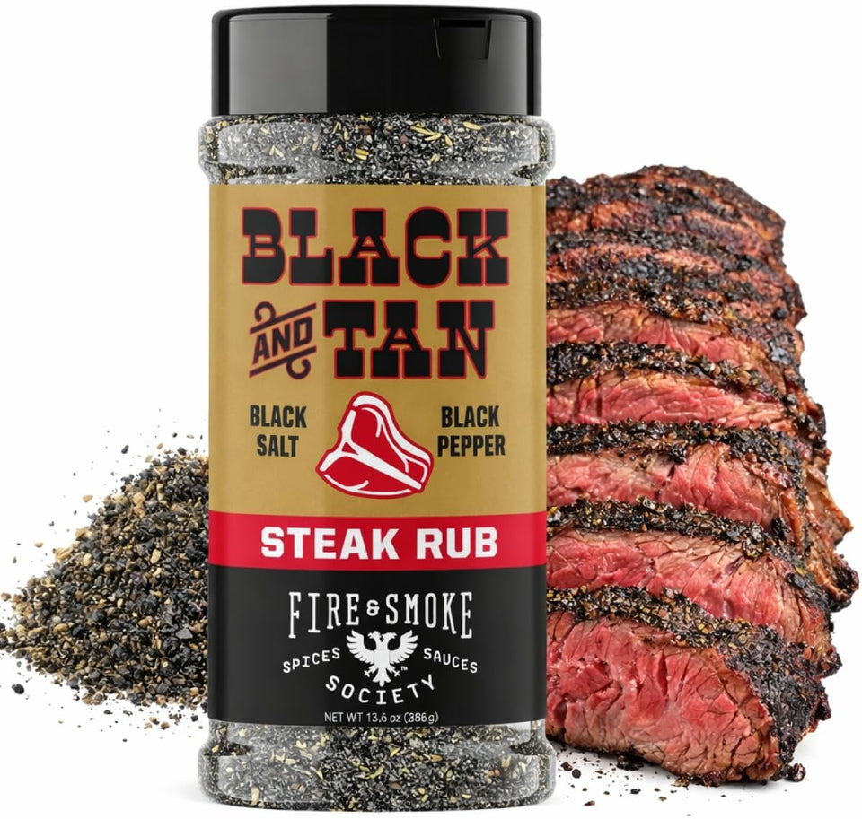 Fire & Smoke Society Black & Tan Steak Seasoning bottle for bold crust on steaks.