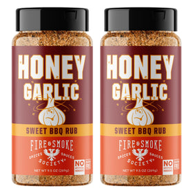 Fire & Smoke Society Honey Garlic BBQ Rub bottle front showing bold grilling flavor