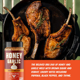 Fire & Smoke Society Honey Garlic BBQ Rub bottle side highlighting versatile use