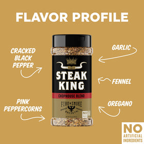 Fire & Smoke Society Steak King beef spice rub jar boosts beef kebab savoriness.