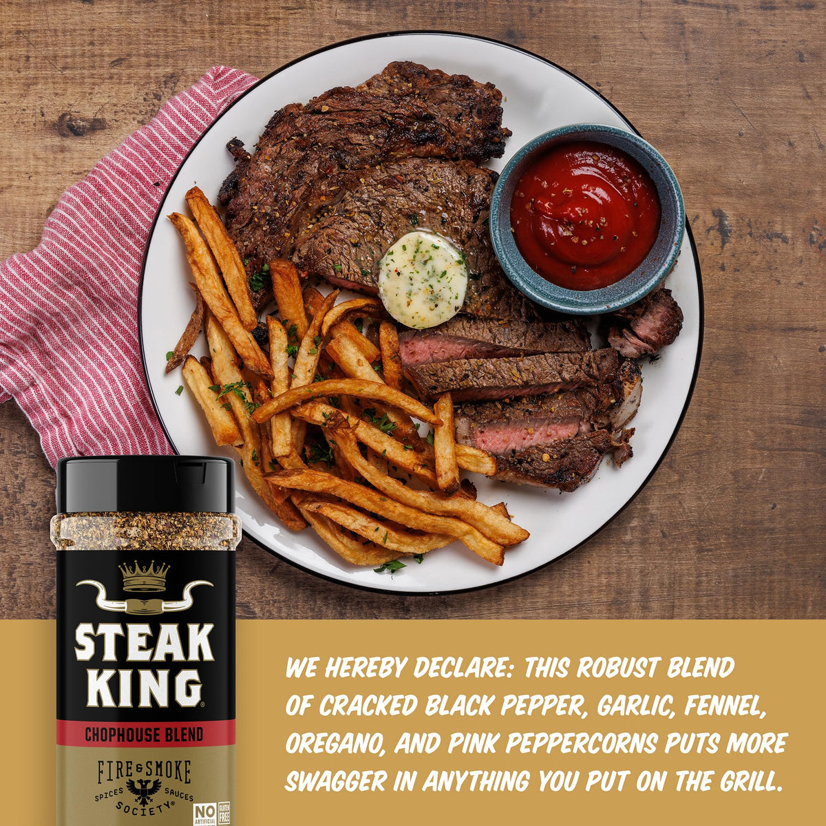 Fire & Smoke Society Steak King grill rub bottle ready for smoky ribeye flavor.