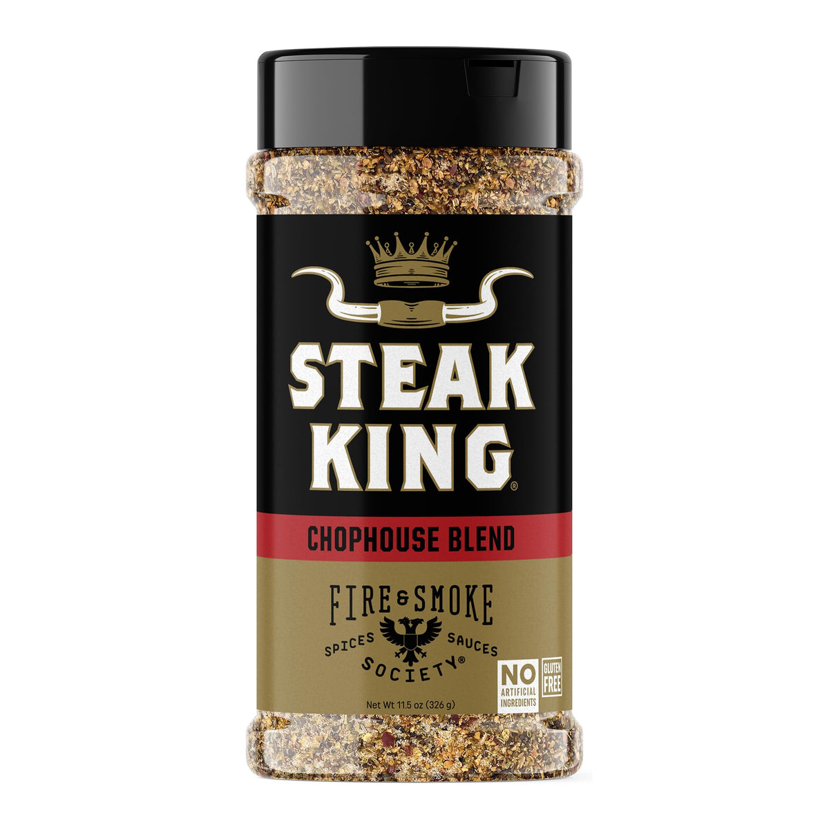 Fire & Smoke Society Steak King seasoning bottle on the counter for bold steak flavor.