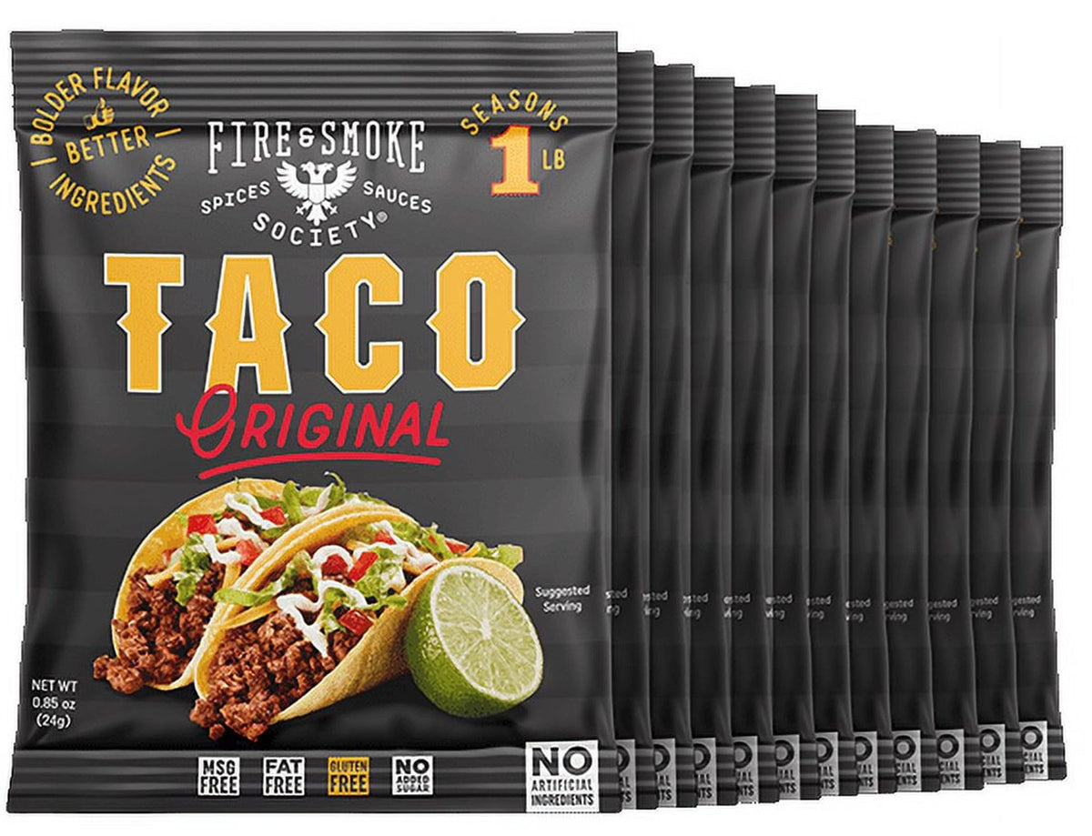 Fire & Smoke Society Taco Seasoning 12-pack packaging ready for quick taco nights.