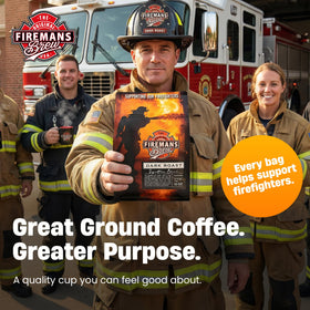 Firemans Brew Dark Roast coffee beans close-up showcases peak-quality, fresh aroma.