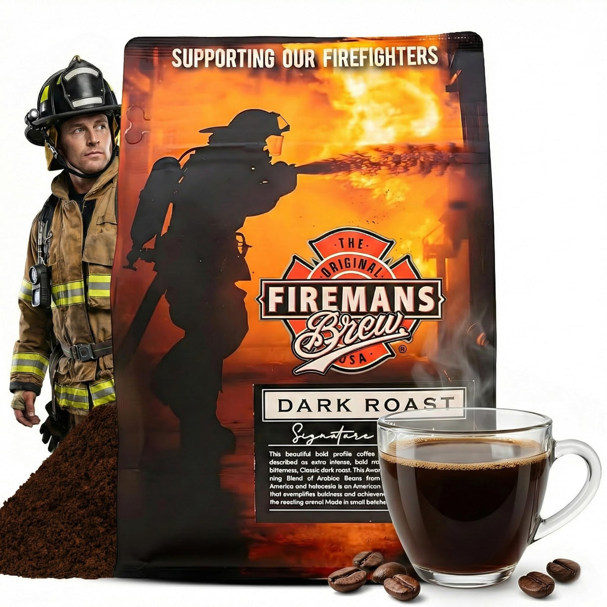 The Original Firemans Brew Dark Roast front label conveys bold, satisfying flavor.
